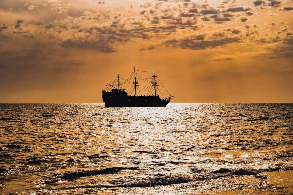 ship, sunset, sea